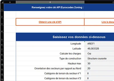 Capture d'écran du fichier Microsoft Excel pour l'API de calculs de charges Eurocodes Zoning